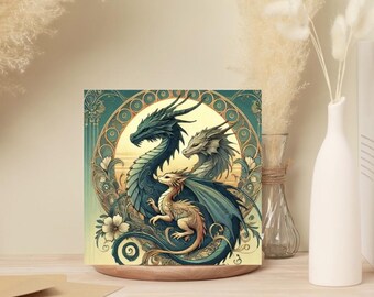 Tarjetas de felicitación con arte de la familia de dragones: Tarjetas de fantasía, 5x5 (paquete de 10)
