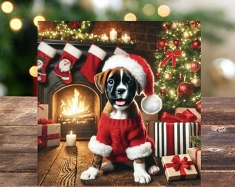 Tarjetas navideñas de cachorro boxer de Papá Noel: saludos navideños para amantes de los perros, 5x5 (paquete de 10)