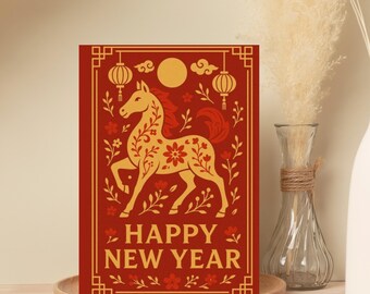 Year of the Horse Greeting Cards - Red & Gold, Pack of 10