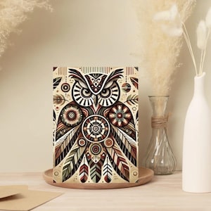 Lot de 10 cartes de voeux vierges tribales hibou - Lot de 10 cartes 5 x 7 avec enveloppes, oeuvre d'art bohème des bois pour toutes les occasions