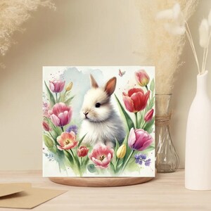 10 PackVintage Watercolor Bunny Card Set -  Greeting Cards in Tulips - Eco-Friendly, Easter Cards, Spring Greeting Cards