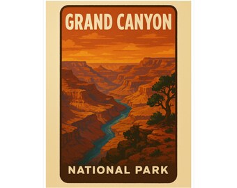 Könnte beinhalten: Ein Aufkleber im Vintage-Stil mit dem Grand Canyon National Park. Das Bild zeigt eine malerische Aussicht auf den Canyon mit einem Fluss unter einem orangefarbenen Himmel. Der Text "GRAND CANYON NATIONAL PARK" wird in einem braunen Rechteck angezeigt.