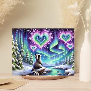 Lot de 10 cartes de voeux raton laveur aurora boréale - Lot de 10 cartes vierges 5 x 7 avec enveloppes - Aurores boréales Winter Wonderland Design