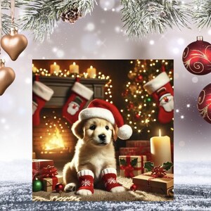 Lot de 10 cartes de voeux de Noël - Adorable chiot Golden Retriever coiffé d'un bonnet de Noel festif - Cartes de vœux pour les amateurs de Golden Retriever