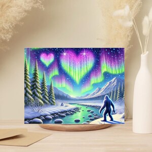 Lot de 10 cartes de voeux Bigfoot Aurora Borealis - Jeu de cartes vierges 5 x 7 (Lot de 10) avec enveloppes - Scène d'hiver aurores boréales artistiques