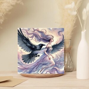 Lot de 10 cartes de voeux vierges - Art éthéré d'une femme et d'un corbeau - Idéal pour les voeux de fantaisie, de nature et de toutes les occasions