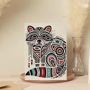 Lot de 10 cartes de voeux vierges - Design artistique d'inspiration tribale sur le raton laveur - Cartes de visite uniques pour les amoureux de la nature et de la faune