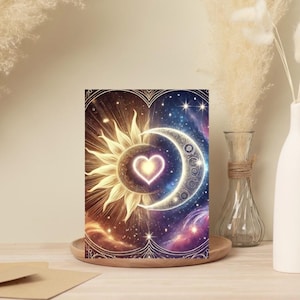 Lot de 10 cartes de voeux cœurs soleil et lune - Lot de 10 cartes vierges 5 x 7 avec enveloppes - Papeterie amour céleste pour toutes les occasions