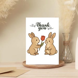 Lot de 10 cartes de remerciement avec lapin, lot de 10 cartes de voeux de lapin mignon, ensemble de papeterie animal tulipe printanière