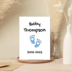 Lot de 10 faire-part bébé personnalisables - pieds bleus, révélation de grossesse - personnalisés - intérieur vierge, sexe, sexe, faire-part de naissance