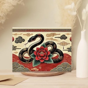 Lot de 10 cartes de voeux élégantes serpent et lotus - Lot de 10 cartes vierges, Nouvel An lunaire, taille 5 x 7, Année du serpent