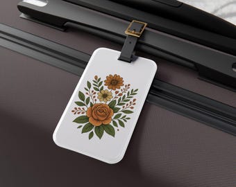 Etiqueta de equipaje floral: accesorio de viaje acrílico con correa de cuero