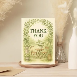 Lot de 10 - cartes de remerciement jardin - intérieur vierge, scène de bistrot floral aquarelle - remerciement pour mariage, remerciement pour la fête, remerciement pour la douche