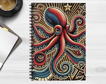 Cuaderno espiral con diseño de pulpo: diario vintage de criaturas marinas