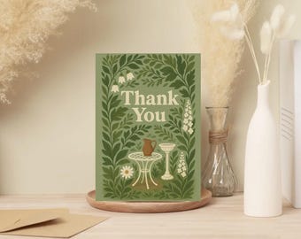 Botanical Thank You Cards - 10 Pack Green Garden Greeting Cards - Vintage Cottagecore Stationery Set