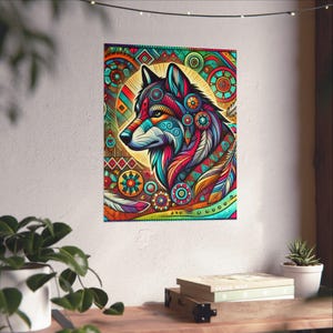 Póster de lobo, decoración bohemia, arte mural colorido, regalo para amantes de la naturaleza, estética única para el hogar, decoración arcoíris para el hogar, regalo para amantes de los perros
