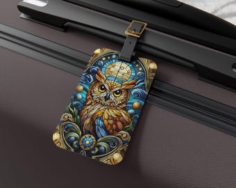 Etiqueta de equipaje de búho con vitral: Identificador de acrílico para maleta de viaje