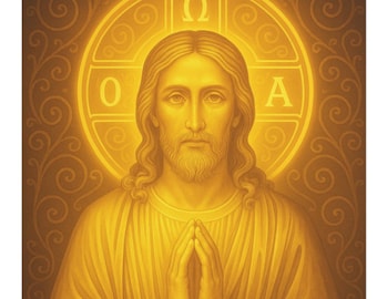Op de afbeelding: Een goudkleurige religieuze afbeelding toont een figuur met lang haar en een baard, handen gevouwen in gebed. Een halo met Griekse letters omcirkelt het hoofd. De achtergrond heeft sierlijke, wervelende patronen.