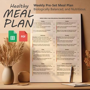 Peut inclure: Un plan de repas hebdomadaire imprimable avec une icône en damier vert et blanc et une icône PDF rouge. Le plan de repas est intitulé "Healthy Meal Plan" et comprend une liste d'options de petit-déjeuner, de déjeuner et de dîner pour chaque jour de la semaine. Le plan de repas est décrit comme "Biologiquement équilibré et nutritif."