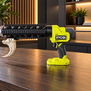 May include: A lime green and black Ryobi power tool featuring a long cylindrical barrel with a white pointed tip. A beige, curved, claw-like object is attached to the underside of the barrel. A metal rod with a T-shaped handle extends from the rear.