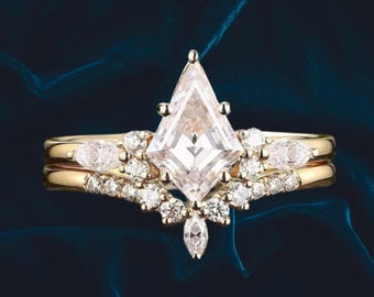 Kite Cut Moissanite Wedding Ring Set, V Band, Engagement Ring, new year gift, Anniversary gift, Velentine gift