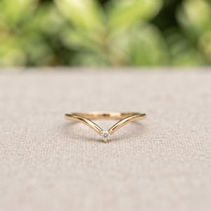 0.10 CT Round Cut Moissanite Curved Dainty Engagement Ring, Minimalist 14K Yellow Gold V-Shaped Stacking Ring, Chevron Wedding Band For Her