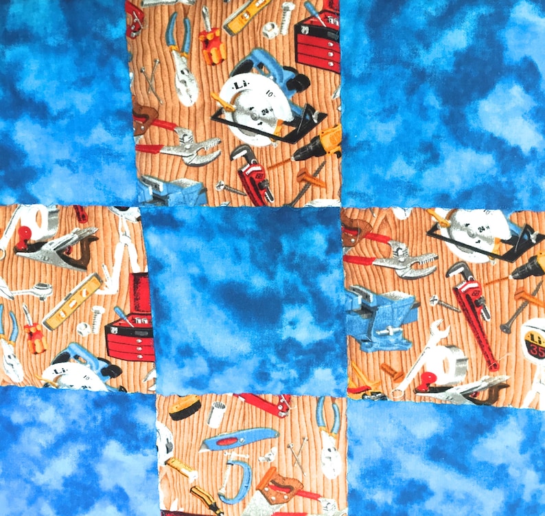 Baby Boy Quilt Construction Tools in Turquoise Blue FREE SHIPPING