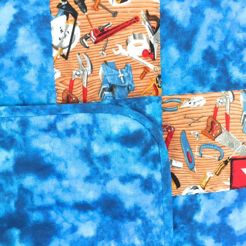 Baby Boy Quilt Construction Tools in Turquoise Blue FREE SHIPPING