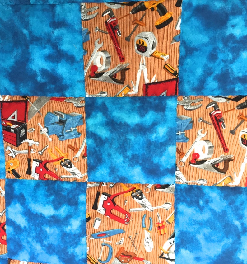 Baby Boy Quilt Construction Tools in Turquoise Blue FREE SHIPPING