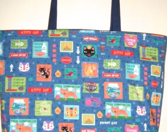 Kitty Cat Novelty Shopping and Tote Bag in Blue and Navy Reversible