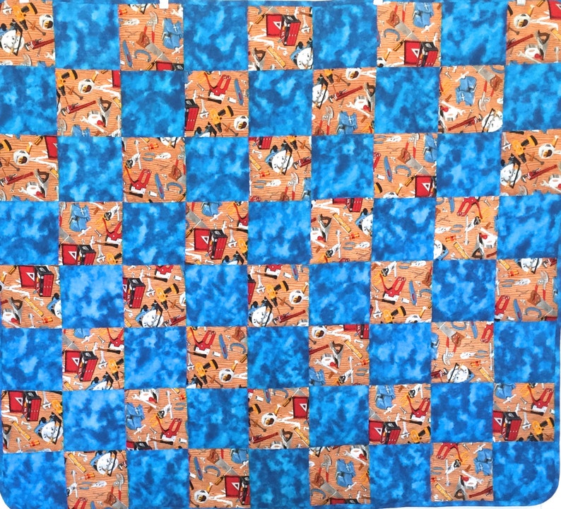 Baby Boy Quilt Construction Tools in Turquoise Blue FREE SHIPPING