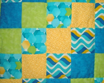 Crib Quilt in Turquoise, Yellow, and Lime  For Baby Boy or Girl