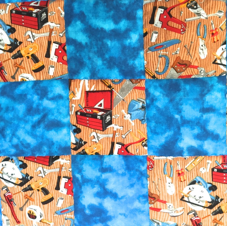 Baby Boy Quilt Construction Tools in Turquoise Blue FREE SHIPPING