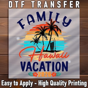 Transfert DTF 2026 pour vacances en famille à Hawaï : design palmier coucher de soleil