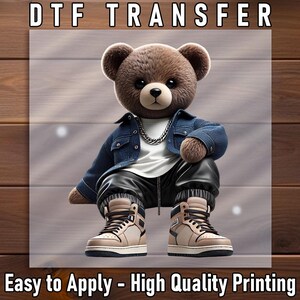 Hip Hop Teddy Bear DTF Transfer: Denim Jacket, Sneakers