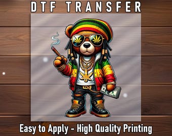 Rasta Bear DTF Transfer: Weed Smoking Design (Ready to Press)