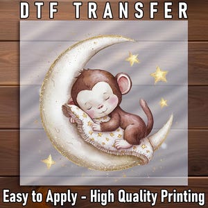 Sleeping Baby Monkey Moon DTF Transfer: Nursery Star Blanket Animal Art
