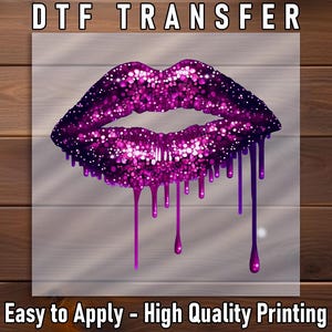Drippy Lips DTF Transfer, Purple Shine Style with Spark Dots, Trendy Makeup-Inspired Shirt Design, Ready to Press