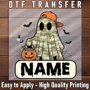 Custom Name Military Style Ghost Boy DTF Transfer with Cap and Pumpkin Bucket