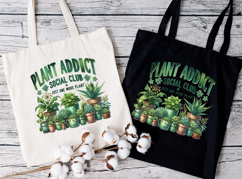 two bags with plants on them sitting on a table