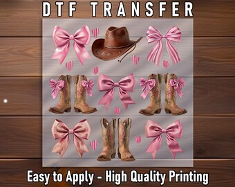 Cowgirl DTF Transfer: Pink Bows, Cowboy Boots, Western Shirt Design