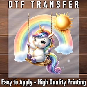 Rainbow Unicorn DTF Transfer, Cute Baby Unicorn on Swing, Ready to Press Iron-On, DIY Kids Shirt, Fantasy Animal Print