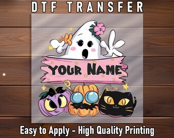 Spooky Coquette Ghost Ready To Press DTF, Personalized Kids DTF Transfer, Cute Pumpkin Cat DTF Print, Halloween Custom Name Iron On