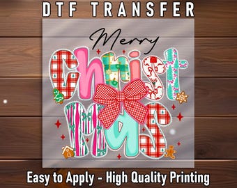 Festive Bow Holiday Letters DTF Transfer, Christmas Apparel Print Ready To Press