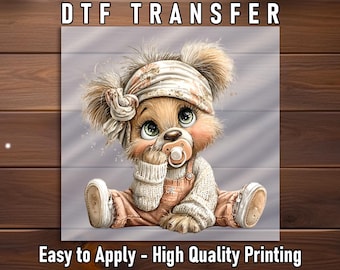 Baby Teddy Bear DTF Transfer: Pacifier Outfit Nursery Shirt Design