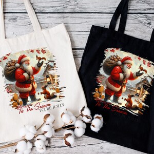 two cotton bags with santa claus on them