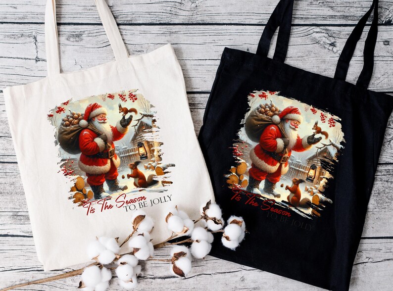 two cotton bags with santa claus on them