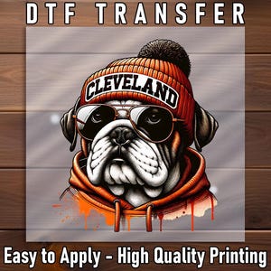 Cleveland Bulldog DTF Transfer, Cool Mascot Design, Ready to Press DIY, Ideal for Sports Fan Apparel, Perfect for Shirts and Hoodies