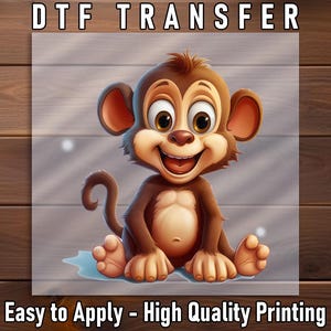Happy Monkey DTF Transfer, Cute Cartoon Jungle Animal Design, Ready to Press Iron On, DIY Heat Print for Kids Shirts and Crafts