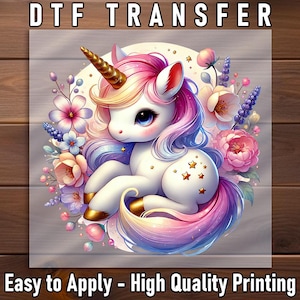 Baby Unicorn DTF Transfer, Pastel Pink and Gold Design with Flowers, Ready to Press, DIY Baby Shirt Art, Easy Iron-On Print
